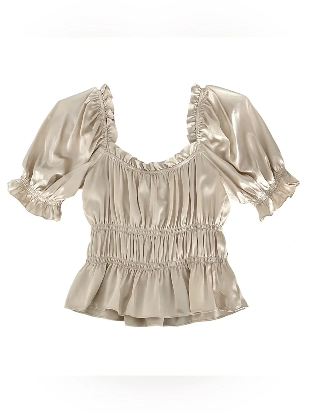 Reformation Olive Champagne Gold Silk Puff Short Sleeve Blouse Size M